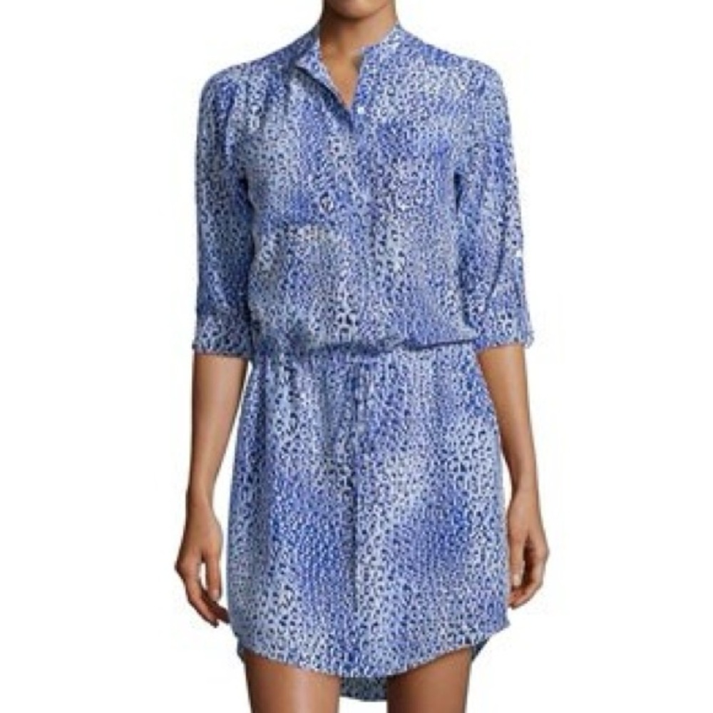 REBECCA TAYLOR Blue Leopard Fever 100% Silk Roll Up Sleeve Shirt Dress Oversized